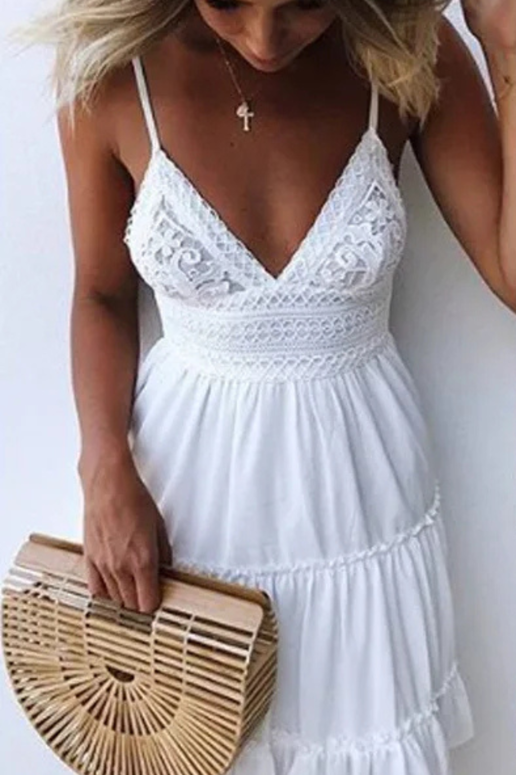 Vestido midi mujer de encaje tirantes finos espalda descubierta
