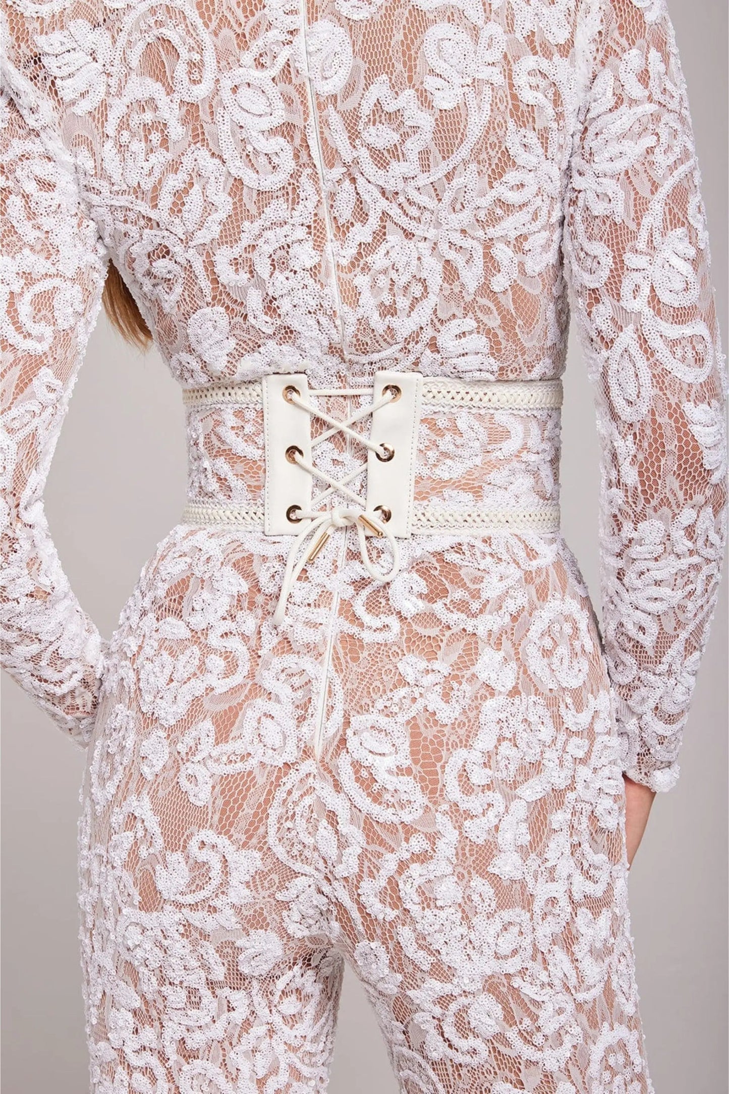 Mono Mujer de Encaje Floral Manga Larga Cuello Redondo Entallado