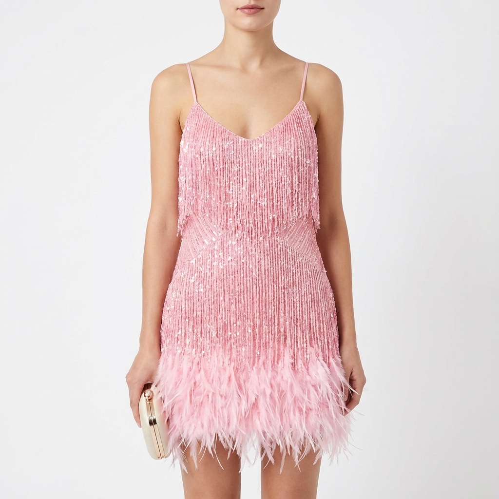 Vestido Mini Mujer con Flecos y Cuello en V