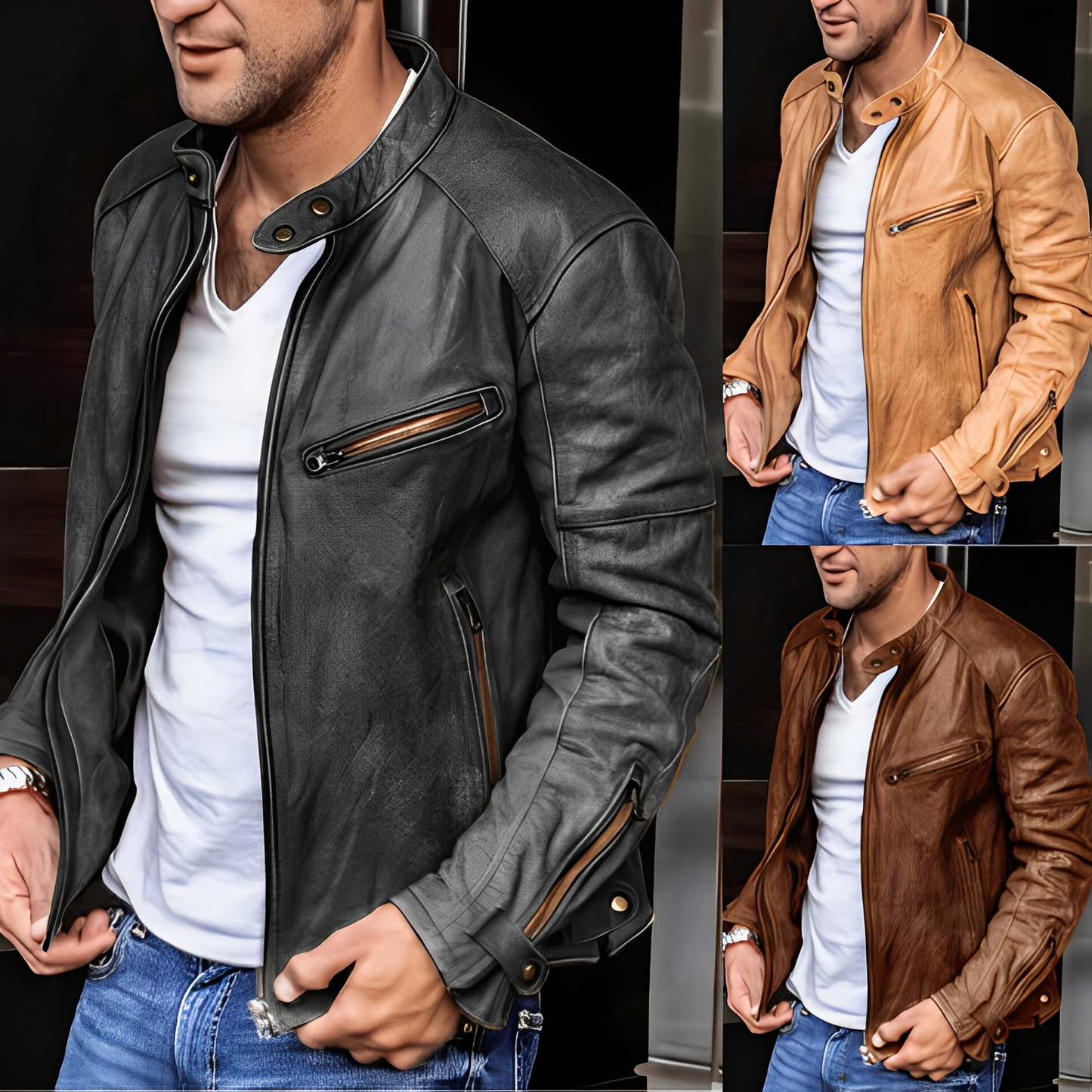 Chaqueta Hombre de Cuero con Bolsillos Cremallera Multiples