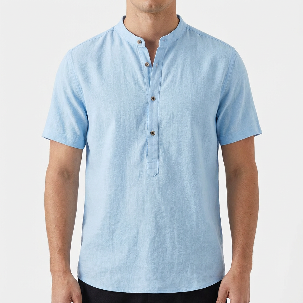 Camisa Hombre Cuello Mao Manga Corta Casual