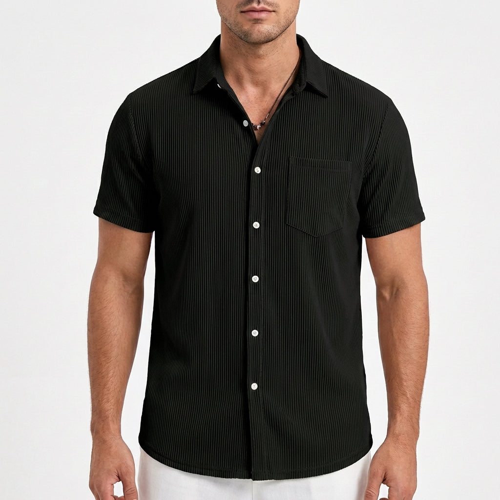 Camisa Hombre Manga Corta Textura Acanalada Bolsillo Pecho Casual