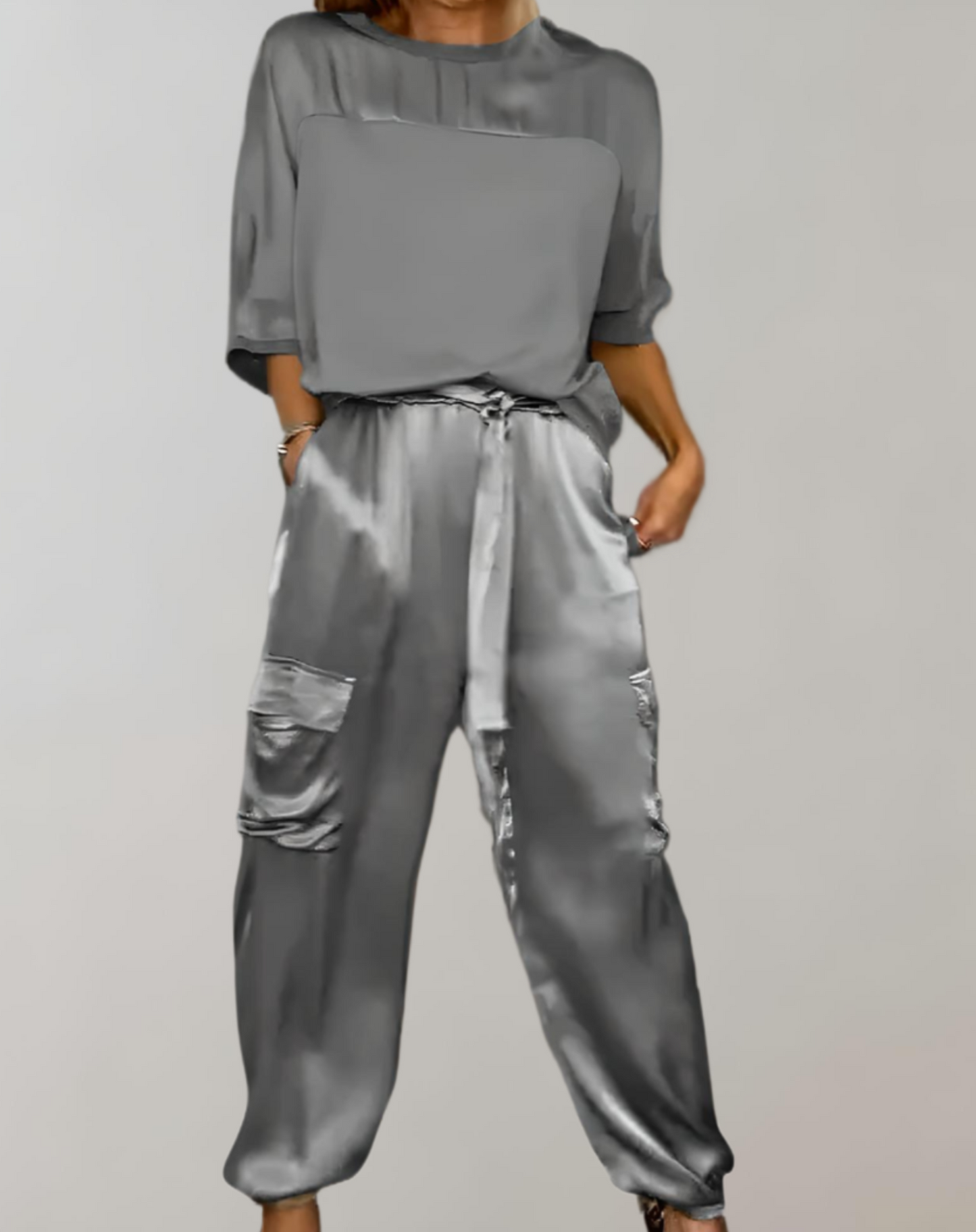 Conjunto Mujer Satén Blusa Fluida Pantalón Talle Alto