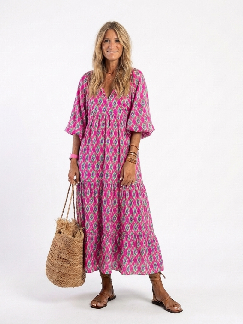 Vestido midi mujer Manga tres cuartos Escote en V Holgado