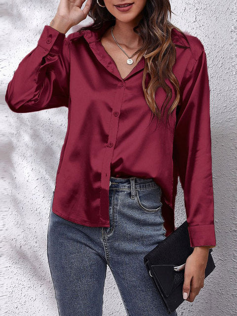 Camisa Mujer de Satén Fluida Manga Larga Botones