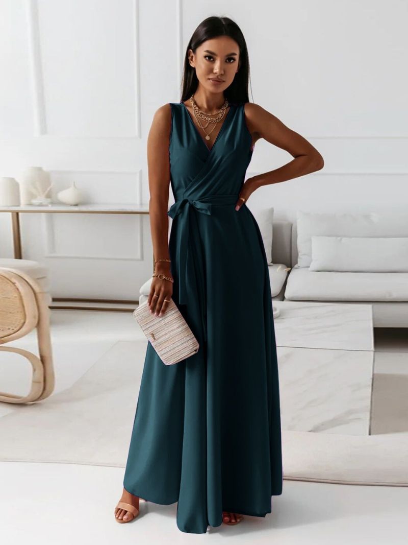 Vestido Mujer Invitada Boda Escote en V Falda Maxi Fluida