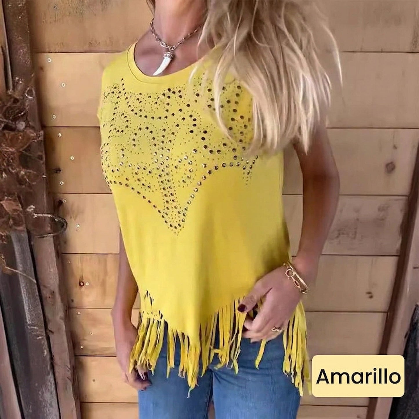 Camiseta Mujer con Detalle Brillante y Flecos