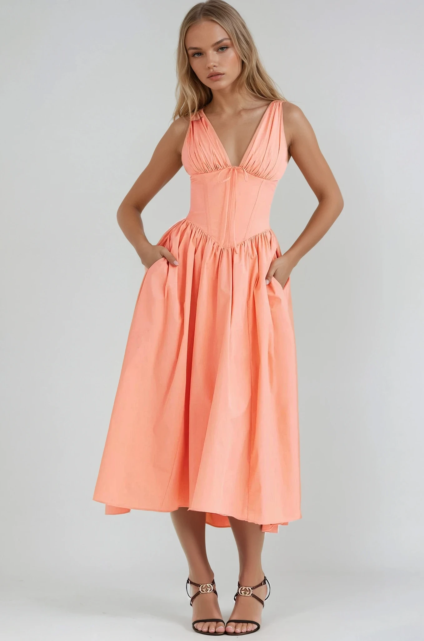Vestido midi mujer con estampado floral escote en V