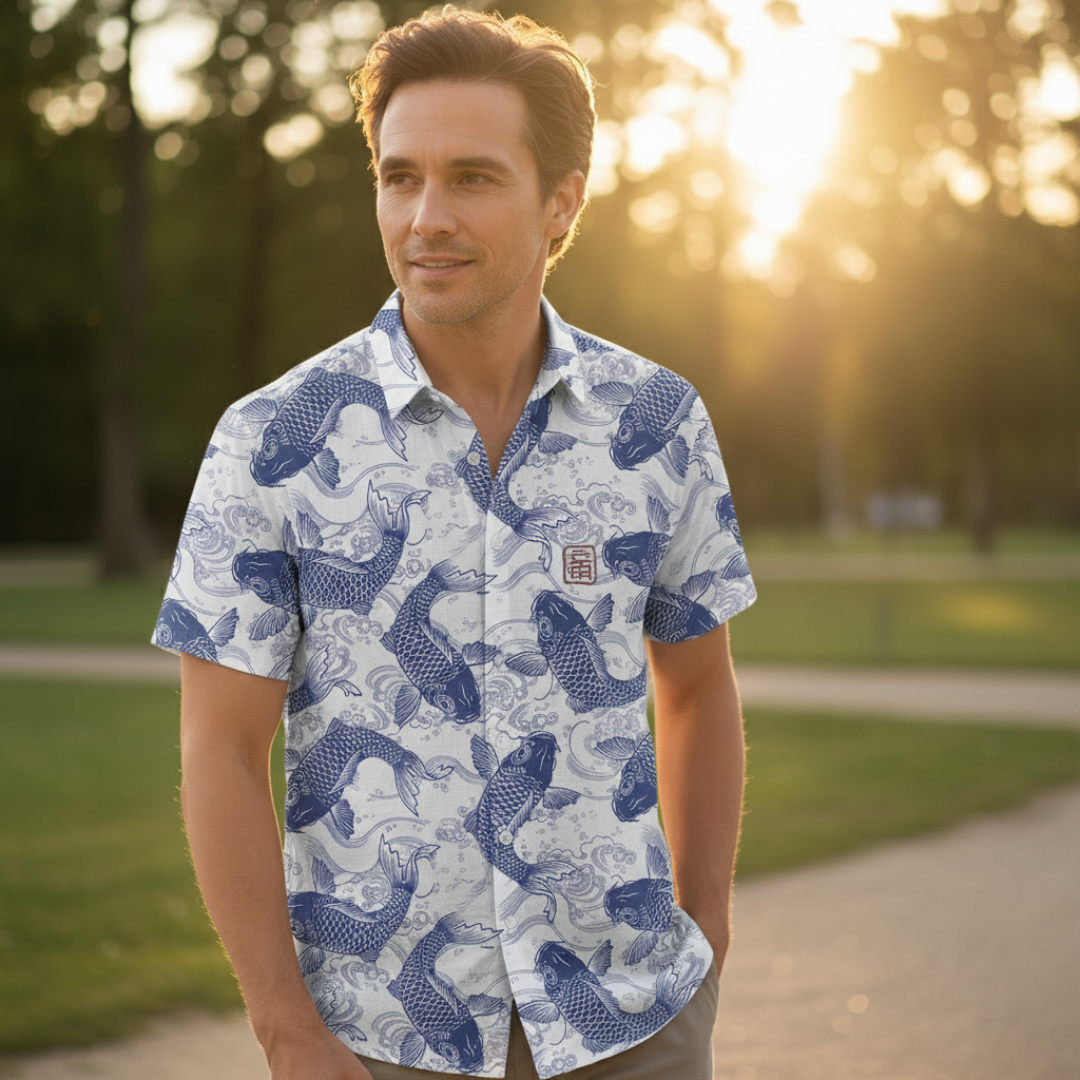 Camisa Hombre de Lino Estampada Manga Corta Cuello Mao