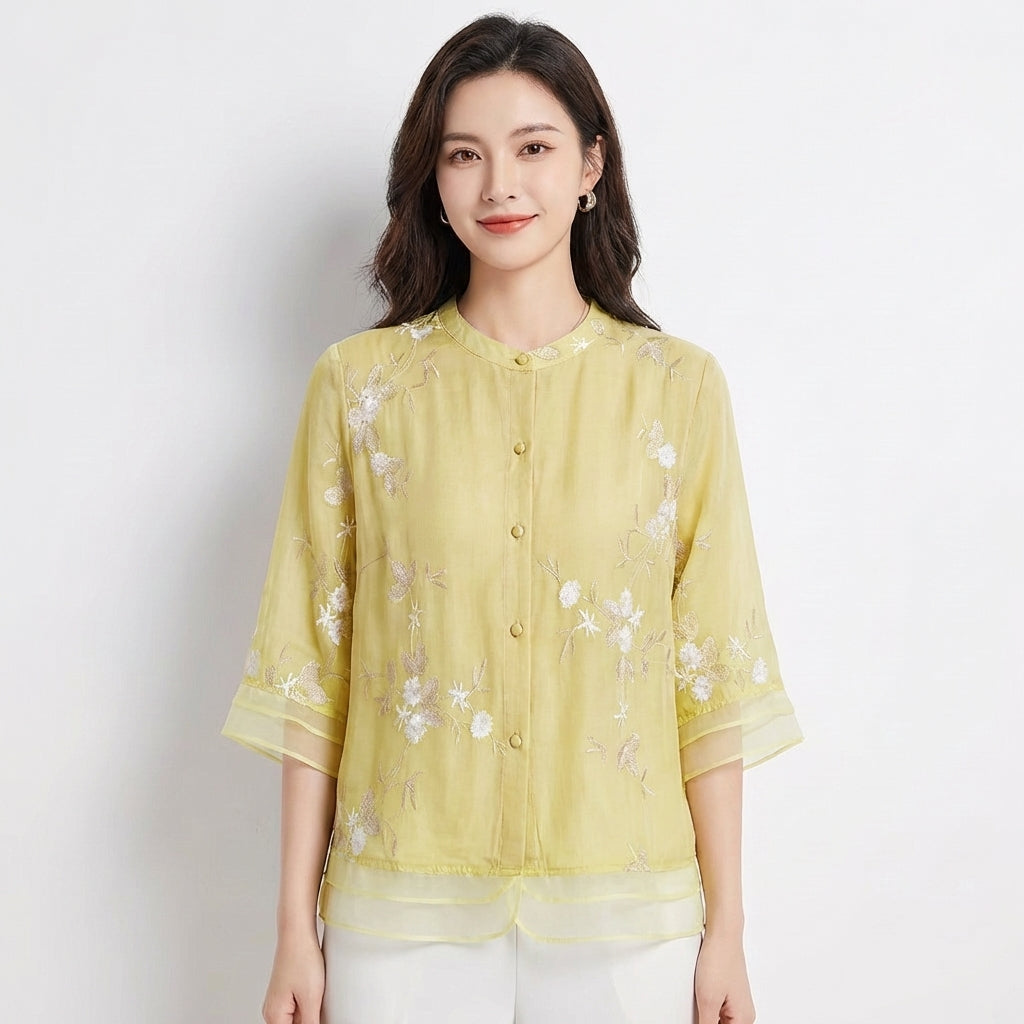 Blusa Mujer Bordada Cuello Mao Manga Tres Cuartos