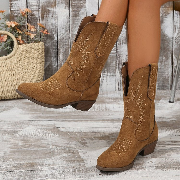 Botas Mujer Estilo Cowboy Terciopelo Punta Fina Tacón Bloque