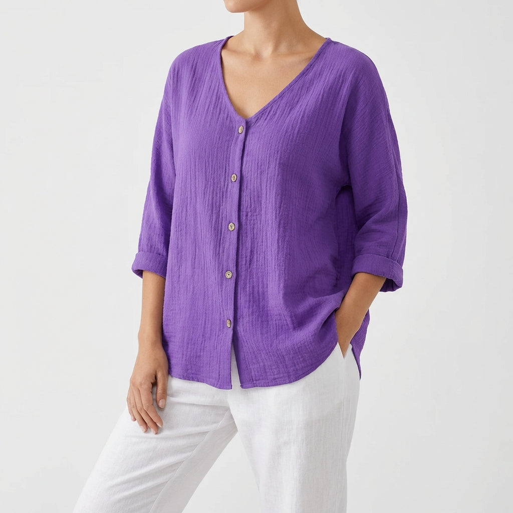 Blusa Mujer Escote en V Botones Casual
