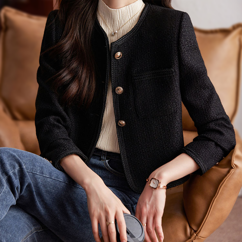 Chaqueta Corta Mujer de Tweed con Botones Cuello Redondo