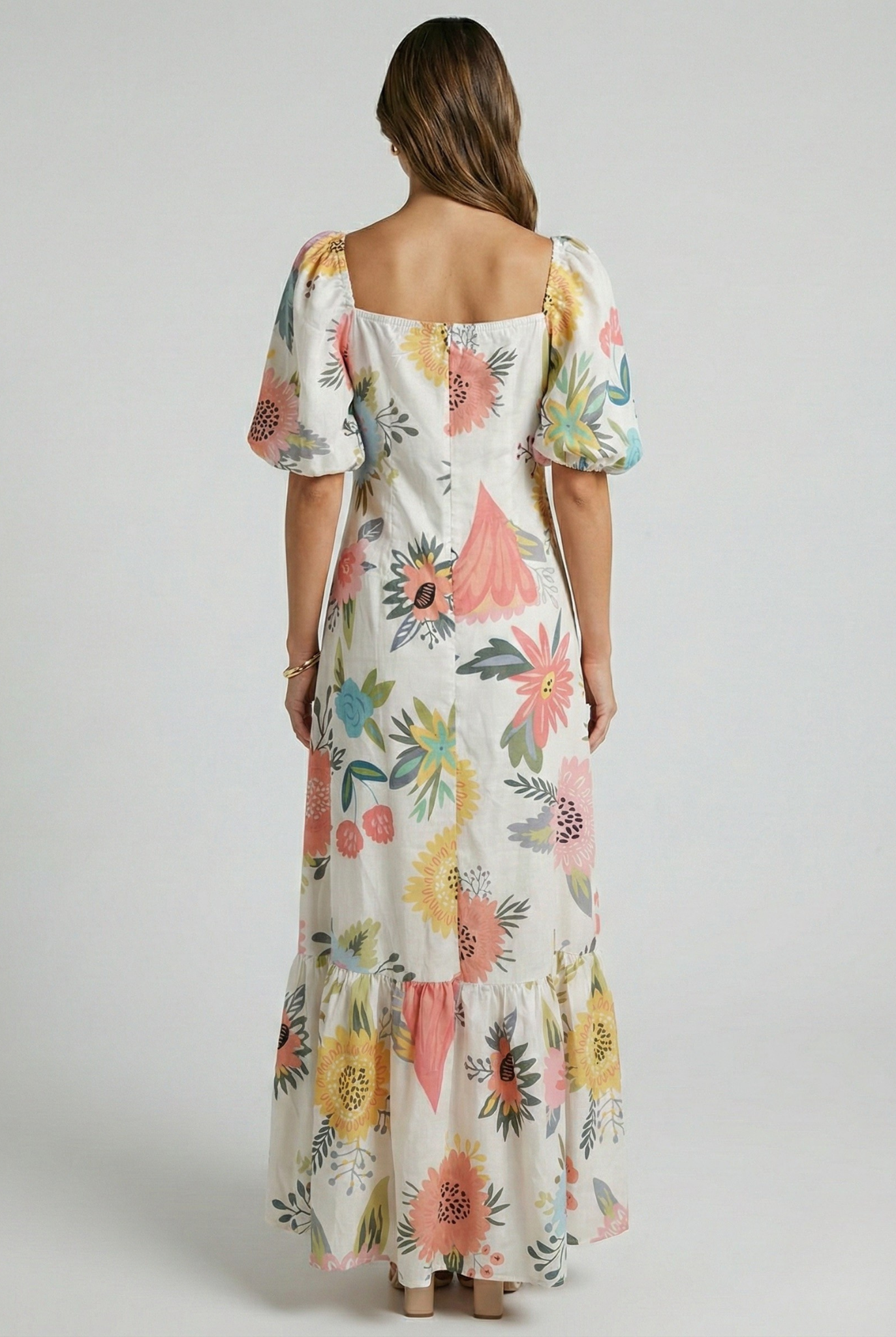 Vestido Largo Mujer Poliéster Estampado Manga Farol Escote Cuadrado