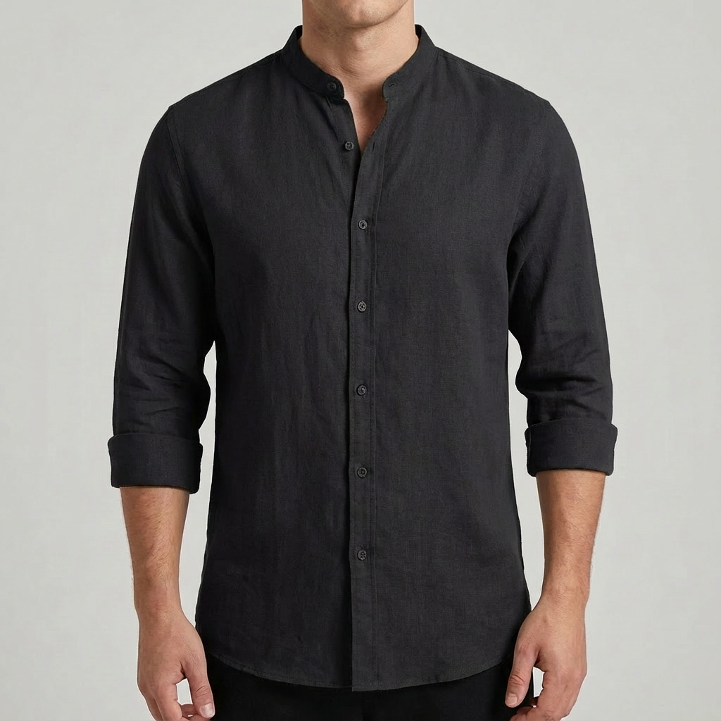 Camisa Hombre Algodón Cuello Mao Manga Enrollada Casual