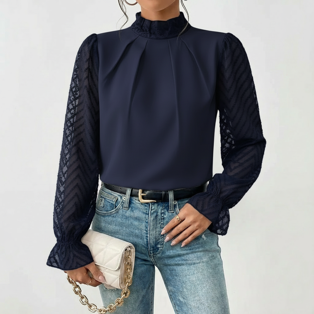 Blusa Mujer Cuello Alto Fruncido Mangas de Encaje Elegante