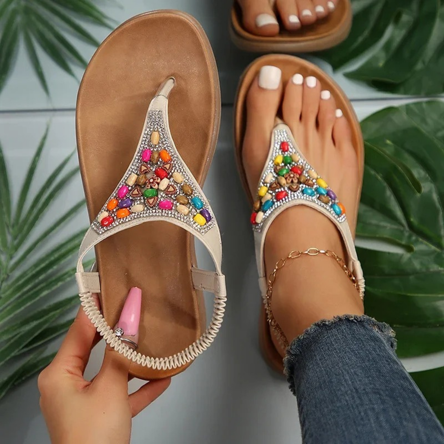 Sandalias Planas Mujer Decoracion Cuentas Estilo Retro