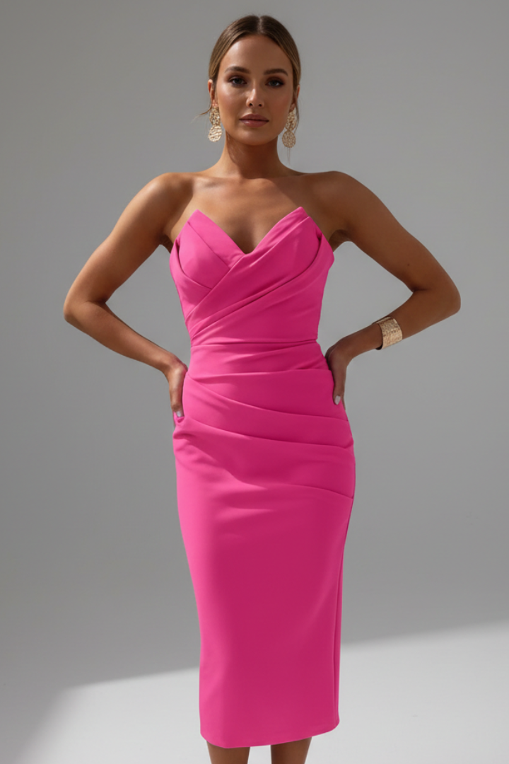 Vestido Midi Mujer Sin Tirantes Falda Fruncida Ajustado