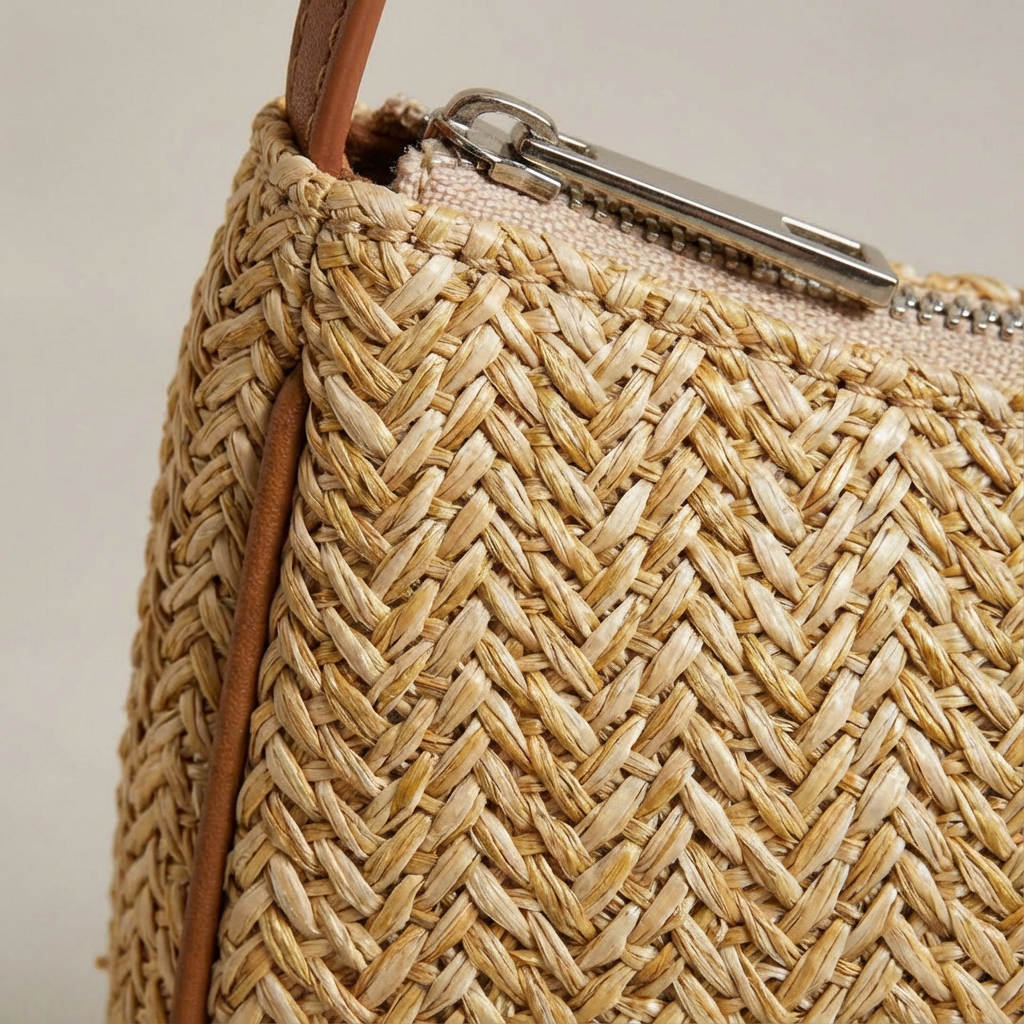 Bolso Baguette Mujer de Rafia Trenzada Asa de Piel Veraniego