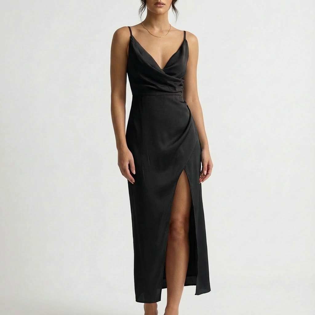 Vestido Maxi Mujer con Escote Drapeado y Abertura Lateral