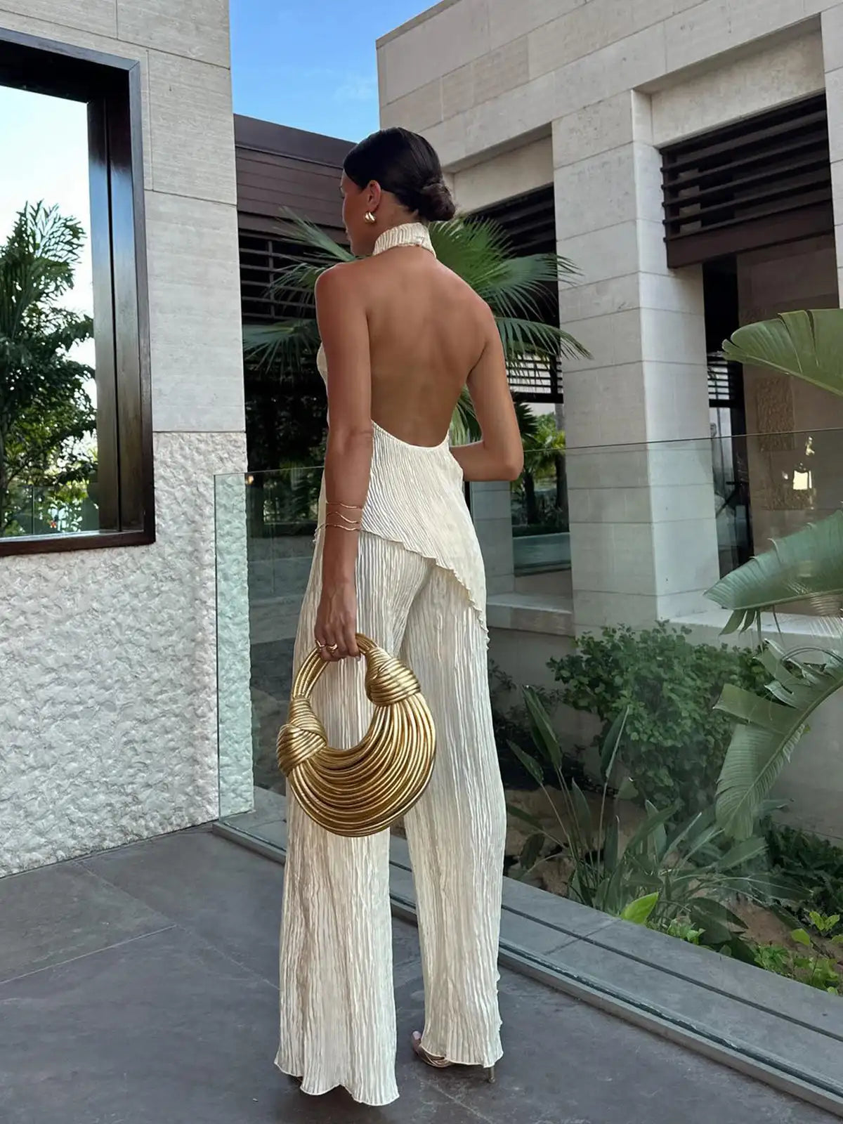 Conjunto Mujer Pantalón y Halter Poliéster Plisado Dos Piezas
