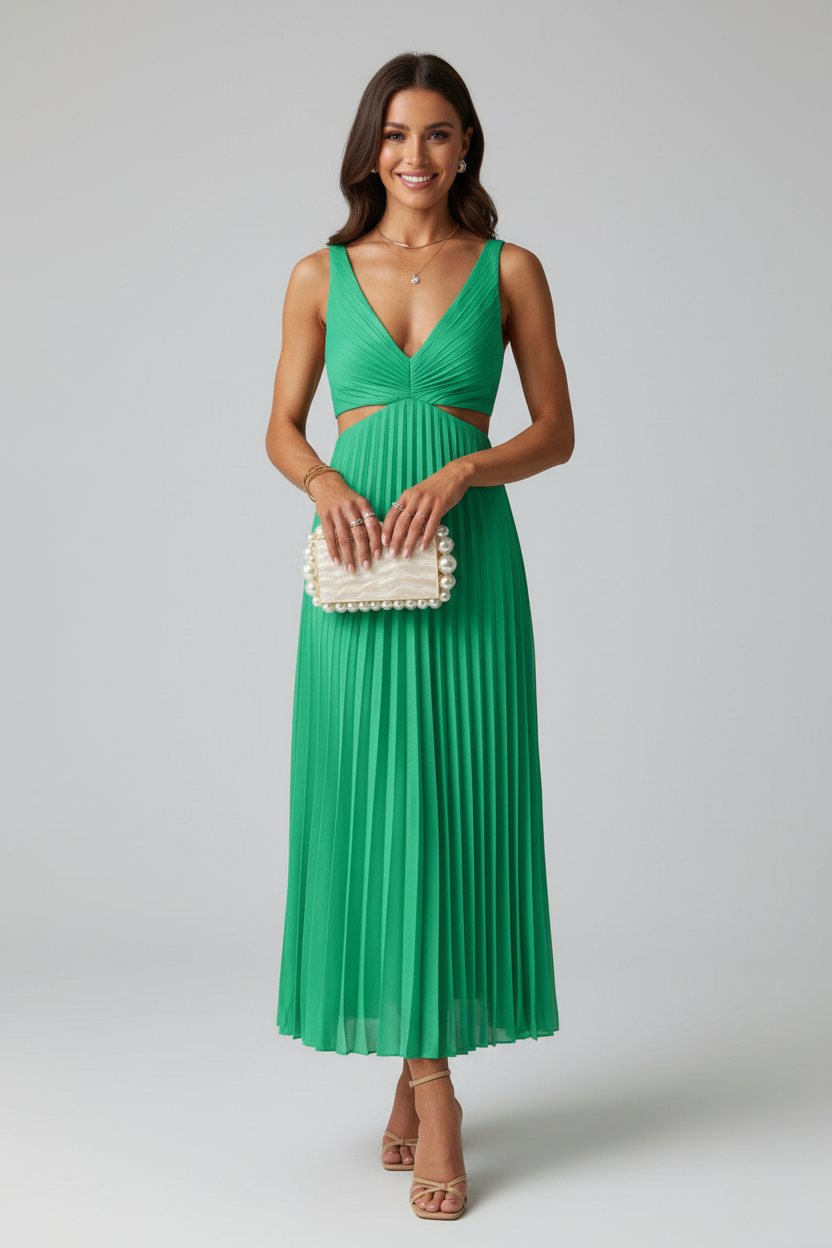 Vestido Largo Mujer de Poliéster y Spandex Plisado Cuello en V