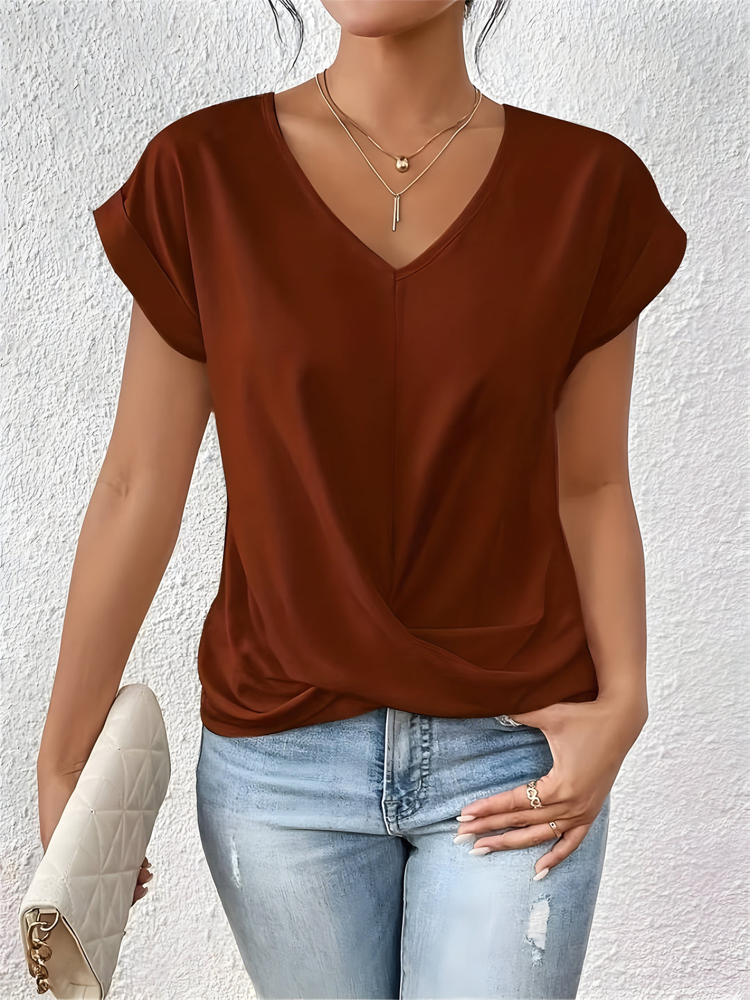 Mujer con Nudo Frontal y Escote en V Ajuste Casual