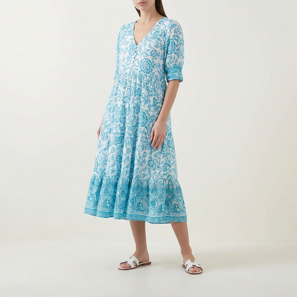Vestido Largo Mujer Estampado Floral Escote en V Boho