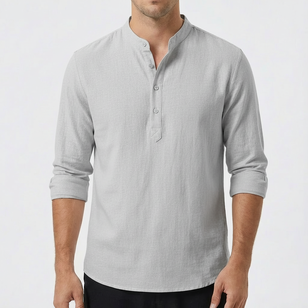 Camisa Hombre Algodón Cuello Mao Manga Larga Casual