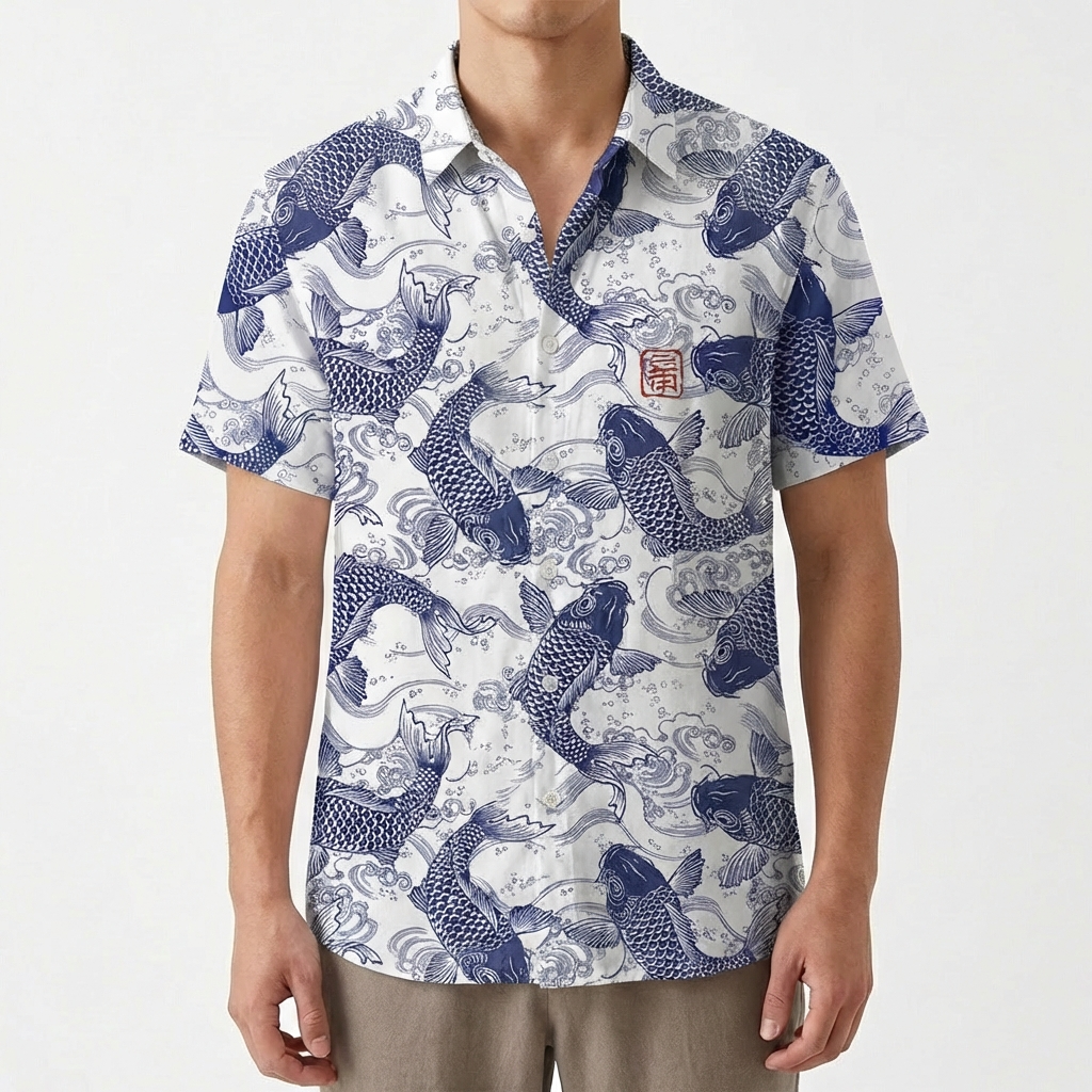Camisa Hombre Estampado Koi Cuello Mao Casual