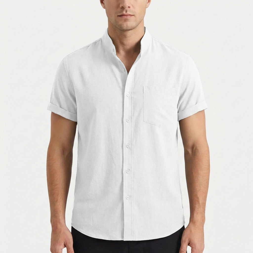 Camisa Hombre Manga Corta Algodón Cuello Mao Bolsillo Frontal