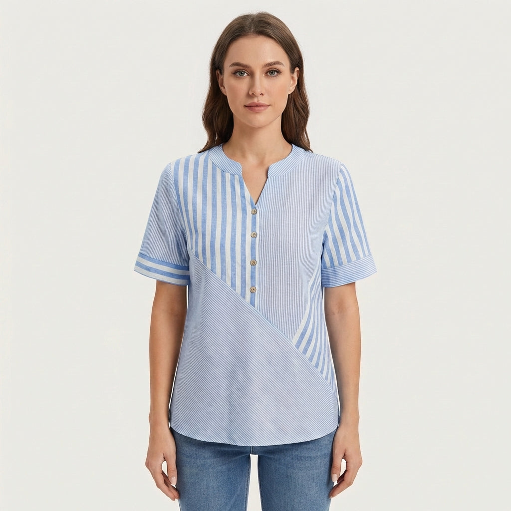 Blusa Mujer Patchwork Algodón Botones Ajuste Regular