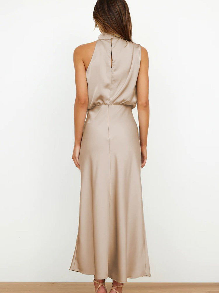 Vestido midi mujer de satén con cuello drapeado elegante