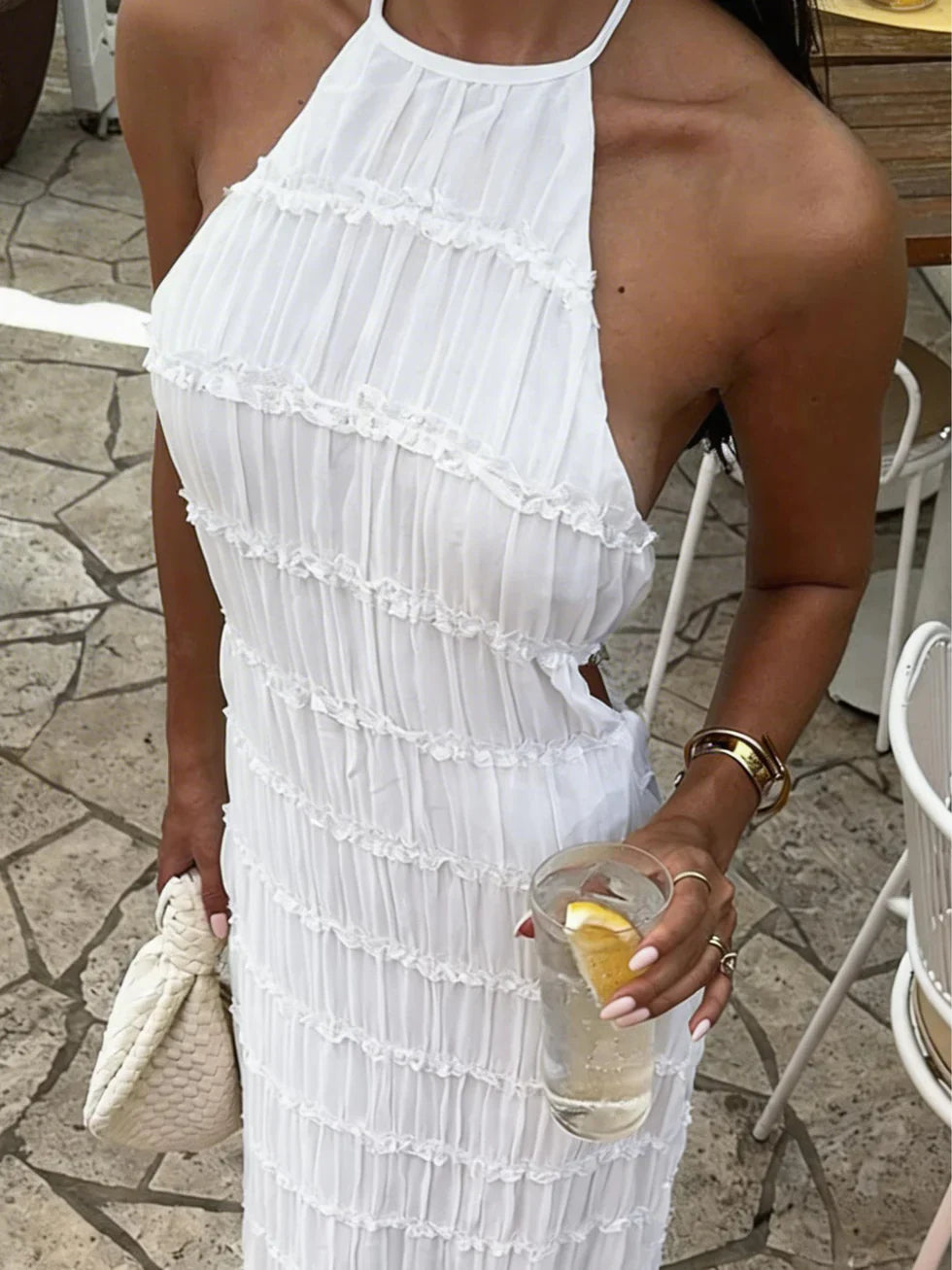 Vestido maxi mujer plisado halter con cordones