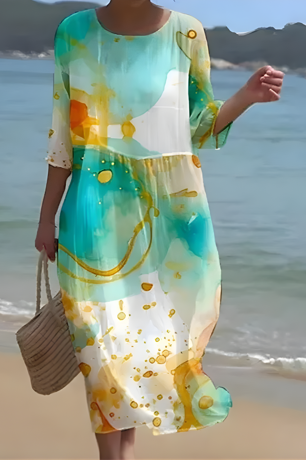 Vestido Midi Mujer Suelto Cuello Redondo