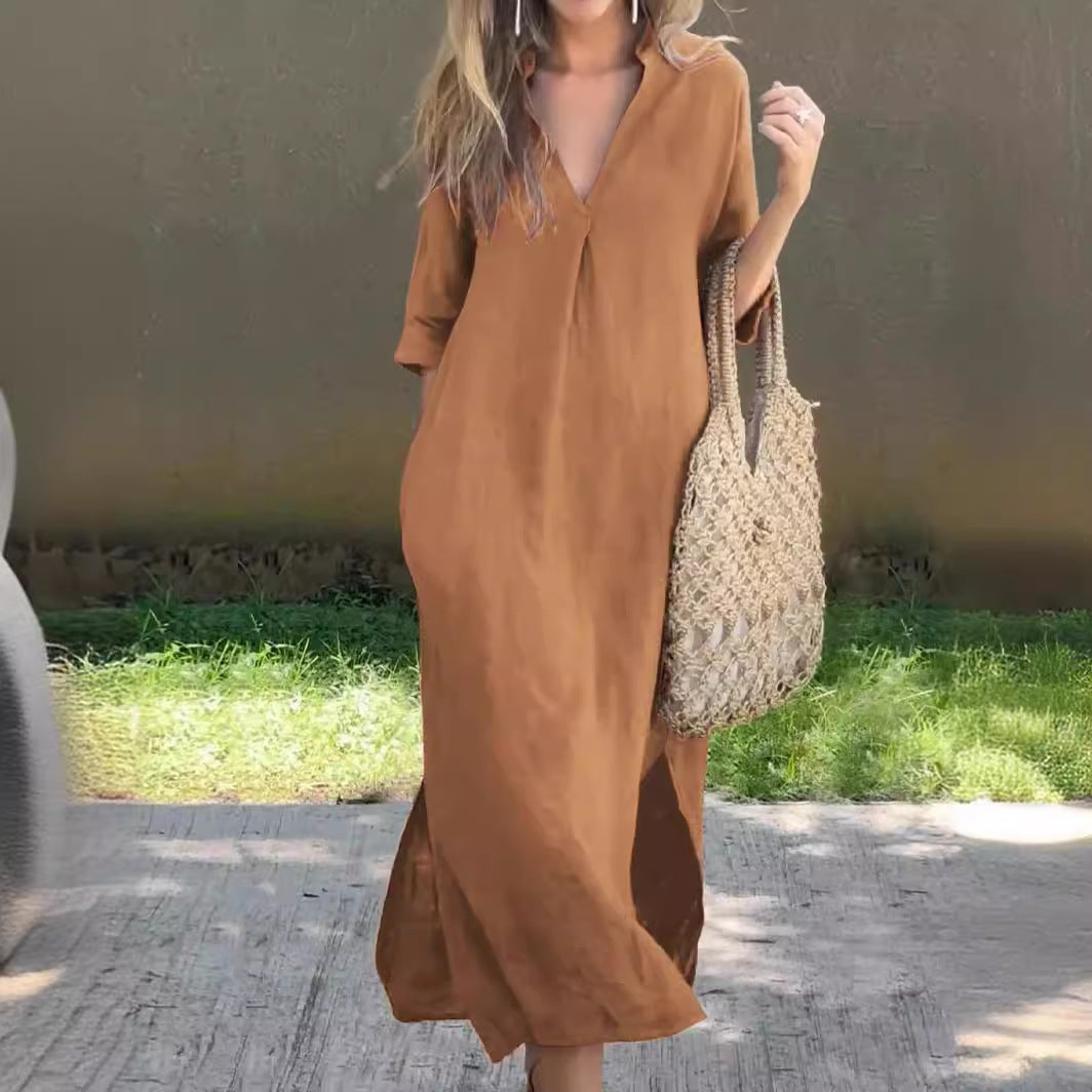 Vestido largo mujer Cuello en V Mangas holgadas