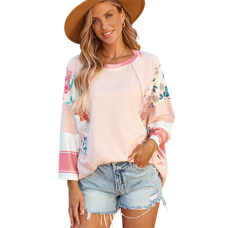 Blusa Mujer Patchwork Ligera Manga Murciélago Casual