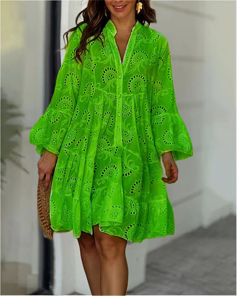 Vestido mini mujer con bordado calado y volantes