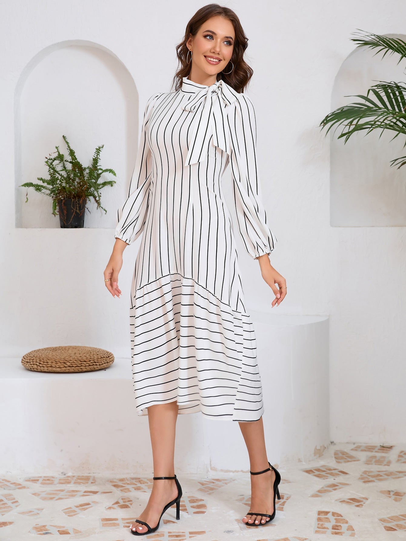 Vestido midi mujer con lazo decorativo y mangas largas