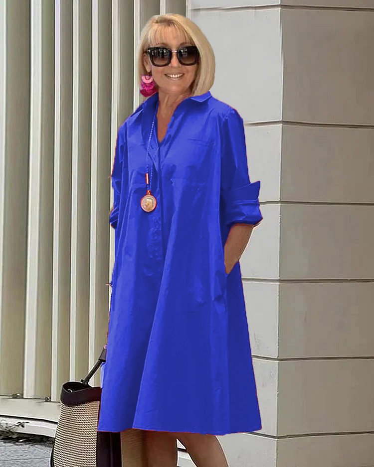 Vestido midi mujer Manga larga Cuello camisero Corte suelto