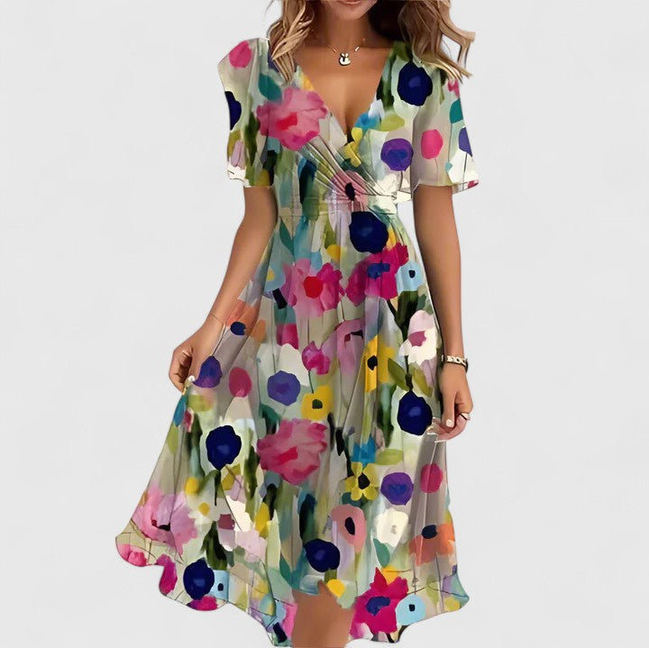 Vestido midi mujer con escote en V manga corta y falda fluida