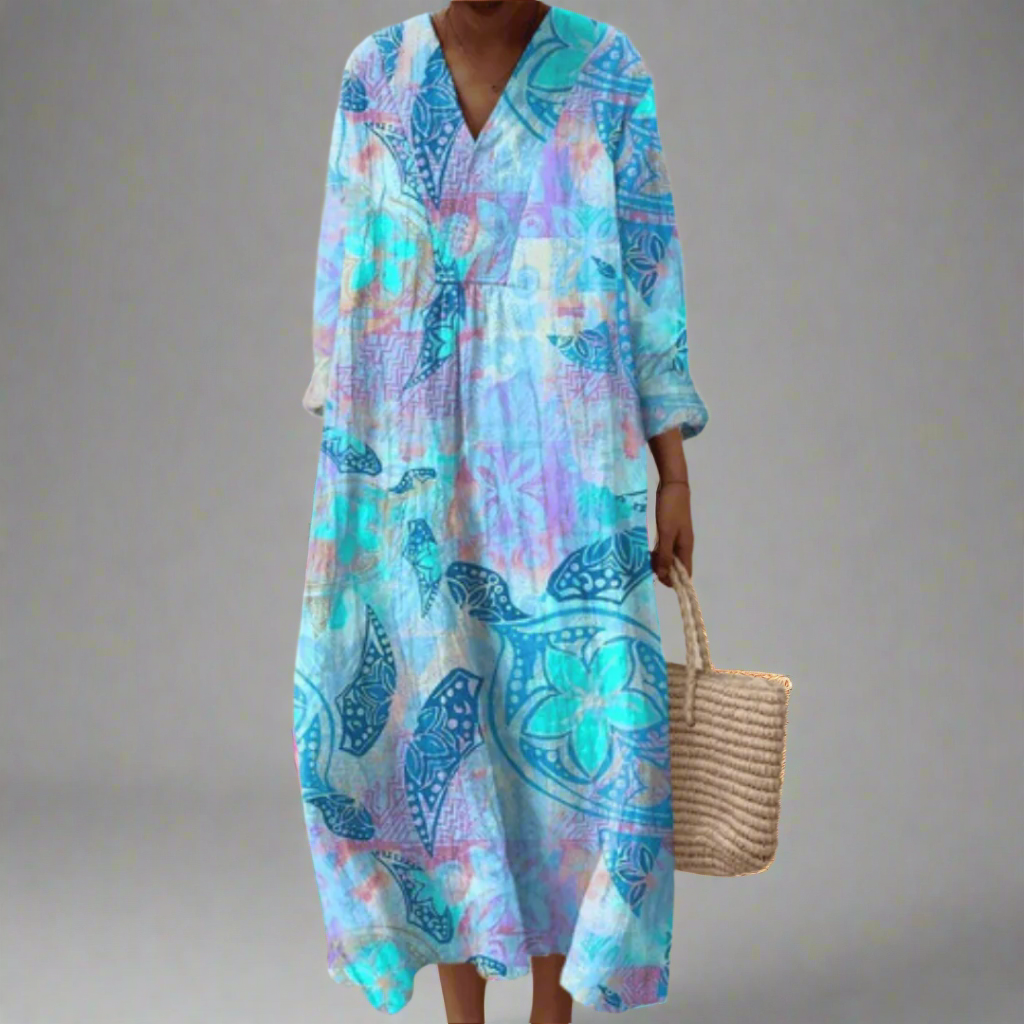 Vestido largo mujer de tejido ligero estampado geométrico vintage - Mavetta