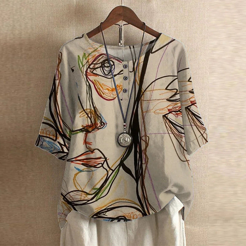 Blusa Mujer Estampada Cuello Redondo Botones Ajuste Retro