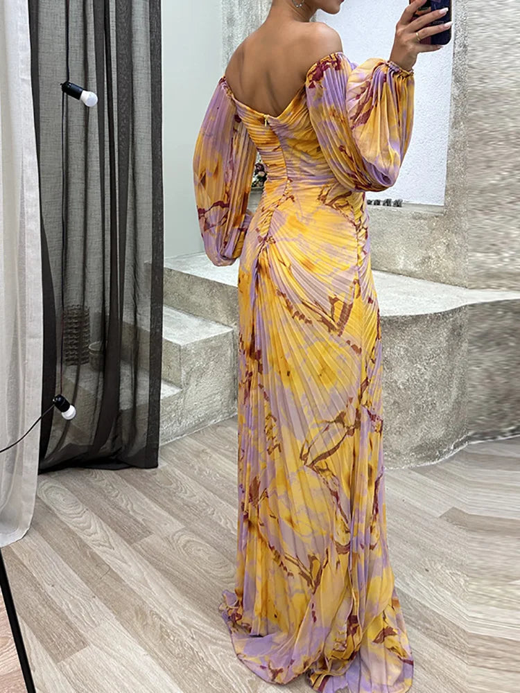 Vestido largo mujer con mangas abullonadas y escote en V
