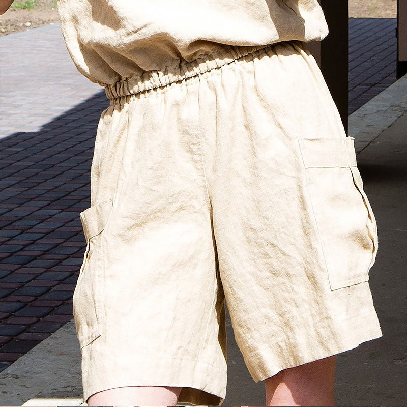 Pantalones Cortos Mujer de Lino Estilo Cargo Cintura Alta Elástica