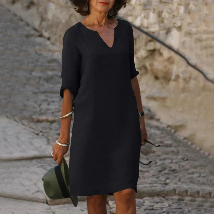 Vestido midi mujer con escote en V y manga larga elegante