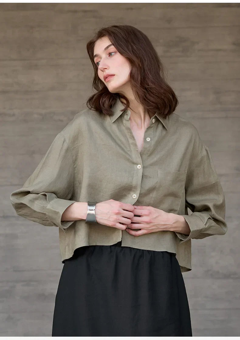 Sobrecamisa Mujer de Lino Corte Oversize Cuello en V y Botones