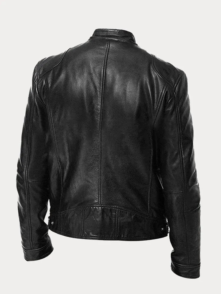 Chaqueta Hombre Cuero Sintético Cuello Alto Cremalleras Laterales