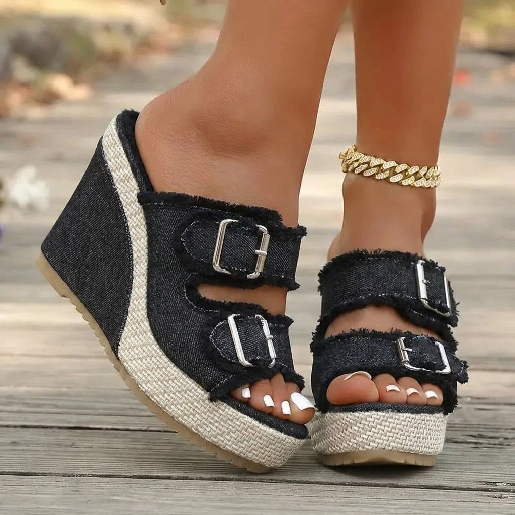Sandalias Mujer Cuña Piel Hebillas Estilo Vaquero
