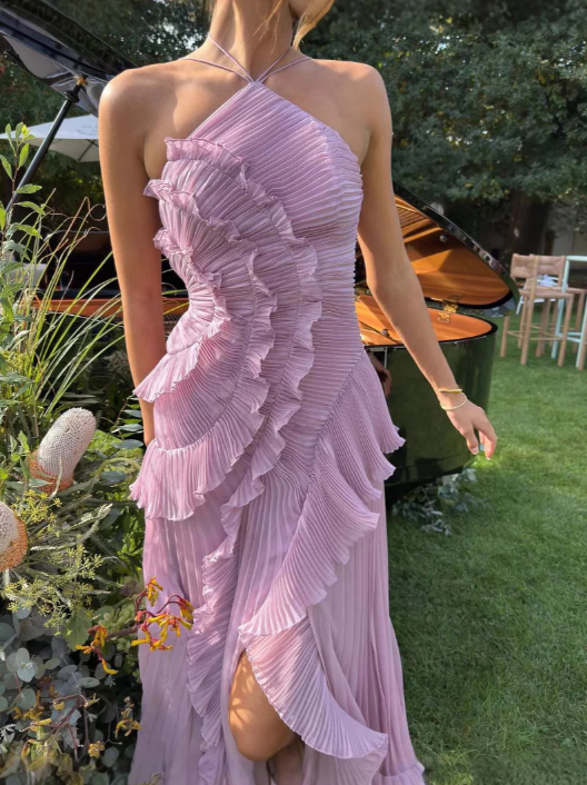 Vestido Maxi Mujer Plisado Volantes Corte Asimétrico